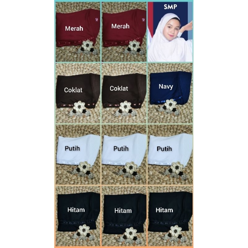 Bergo Rabbani  SD SMP Kerudung Serut Merah Coklat Hitam Putih Bahan Polyster