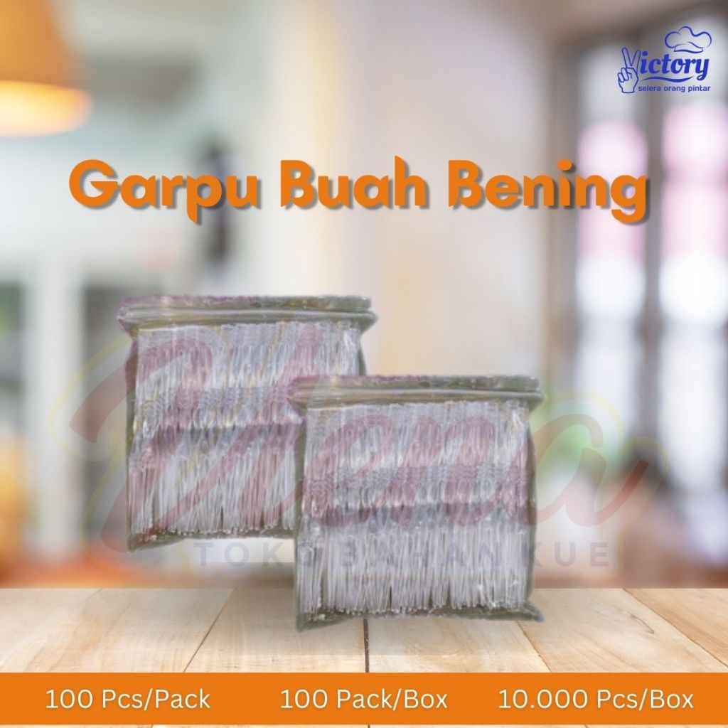 Victory Garpu Buah Bening isi 100pcs / Garpu Kue / Garpu Kecil / Garpu Plastik / Garpu Roti / Tusuk 