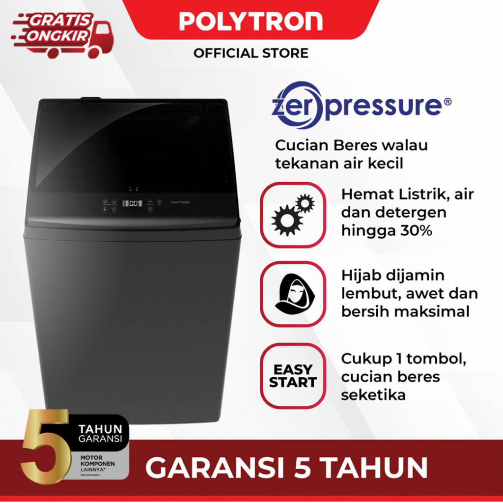 POLYTRON Mesin Cuci 1 Tabung Zeromatic series  Hijab 9 KG - PAW 90518B