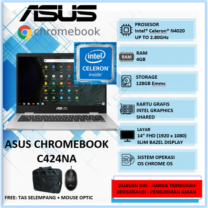 LAPTOP SEKOLAH ASUS CHROMEBOOK C424MA INTEL N4020 4GB 128GB 14" FHD CHROME OS