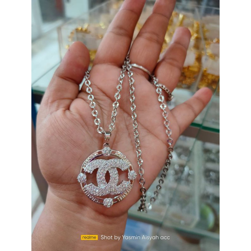 kalung liontin crom emas putih lapis kristal berkilau seperti emas putih asli