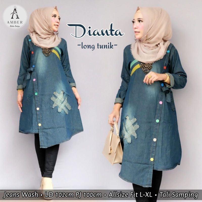 Dianta Long Tunik Jeans Tebal Ld 102 Fit XL Busui Kancing Aktif By Amber
