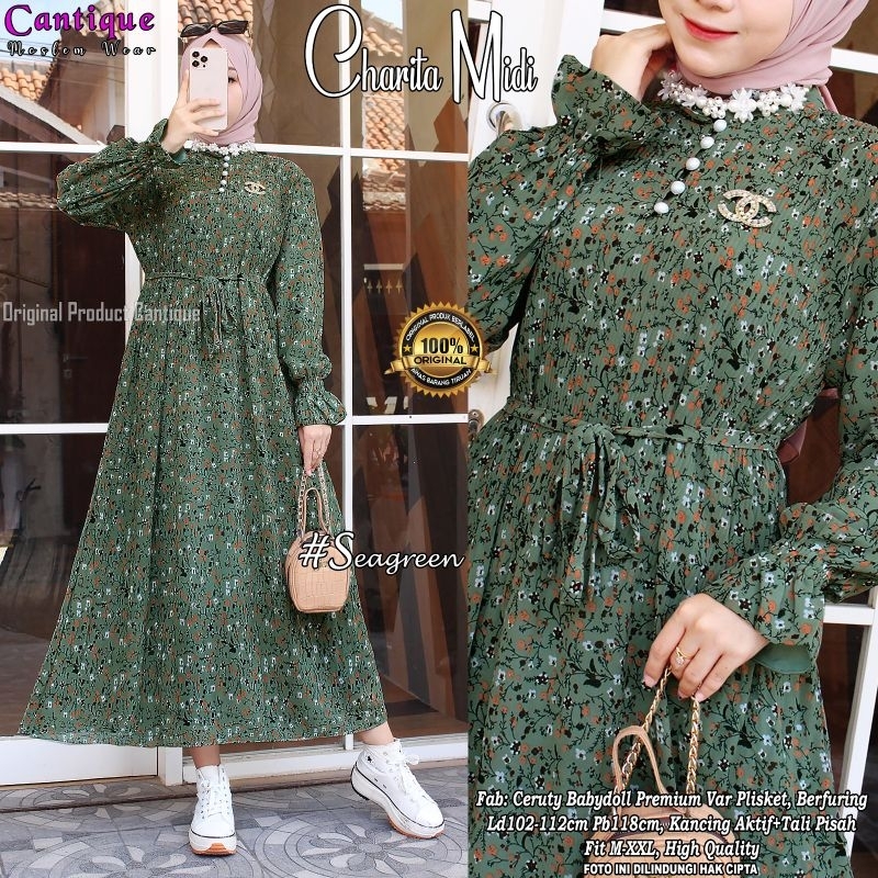 COD Nada Tunik Bahan Ceruty Plisket Lapis Furing LD 105 PJ 117 Tali Lepasan Kancing Depan Motif Bung