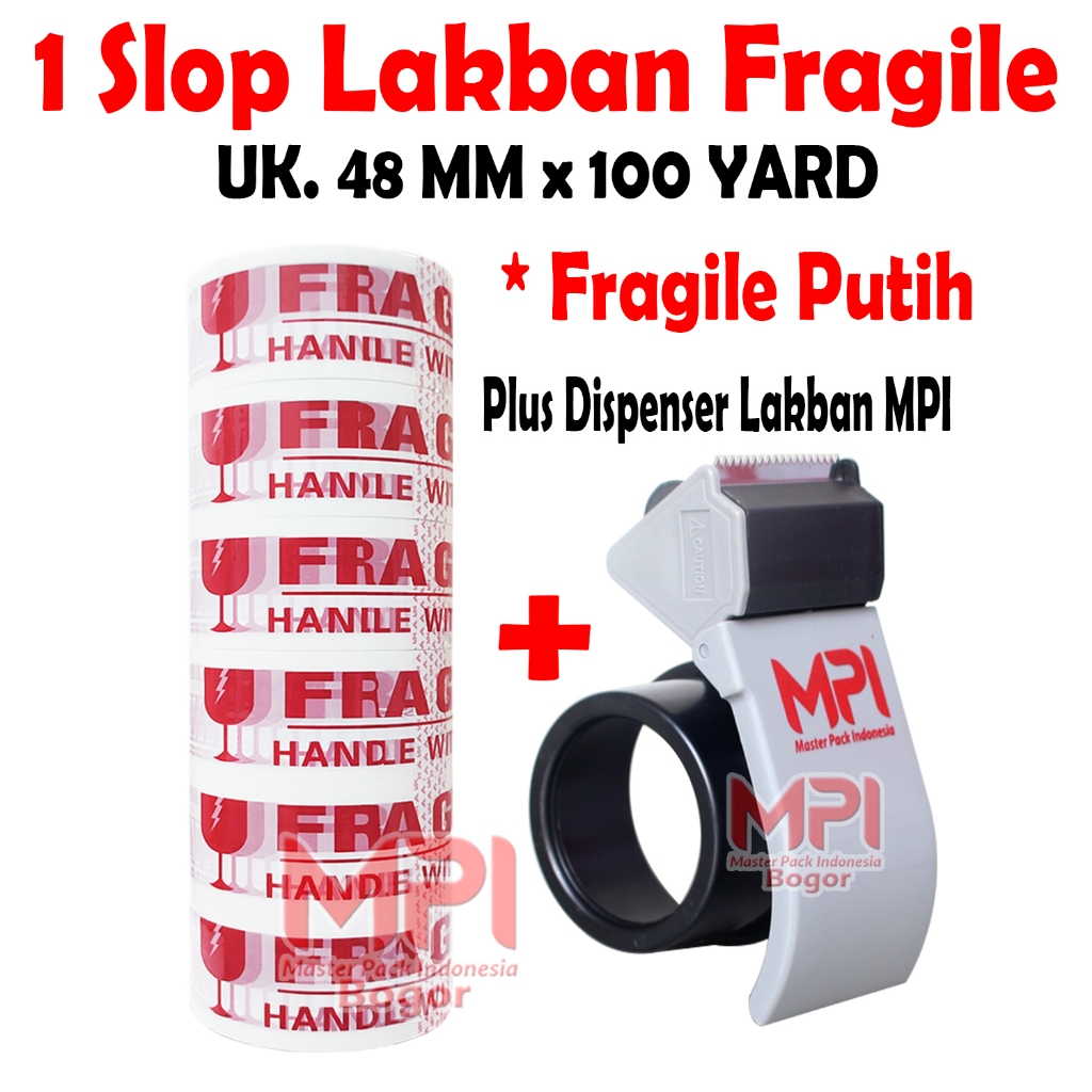 

1 SLOP [ 6 Roll ] - Lakban Fragile Putih MPI 48 mm x 100 yard + Dispenser Lakban MPI - master Pack Indonesia Bogor