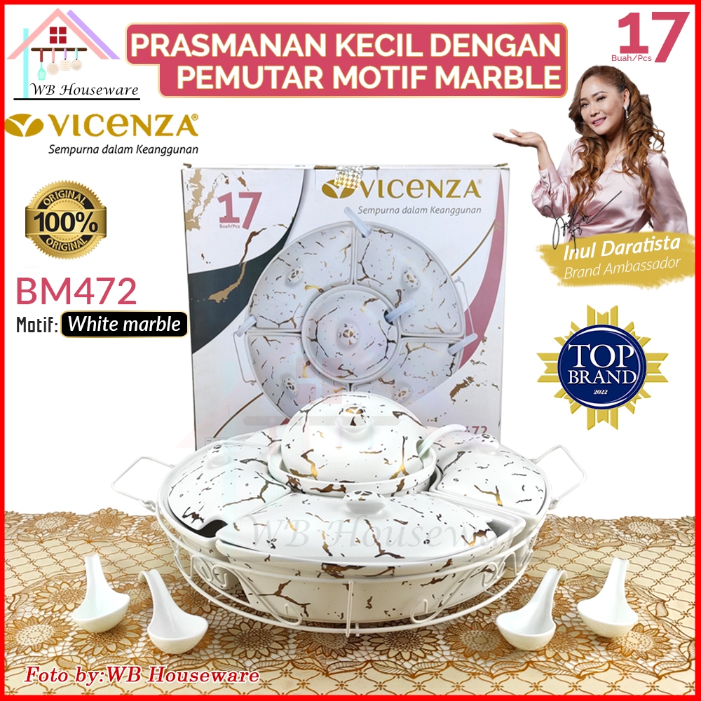 VICENZA 17pcs prasmanan set bulat motif white marble / wadah saji putar keramik lengkap + sendok / c