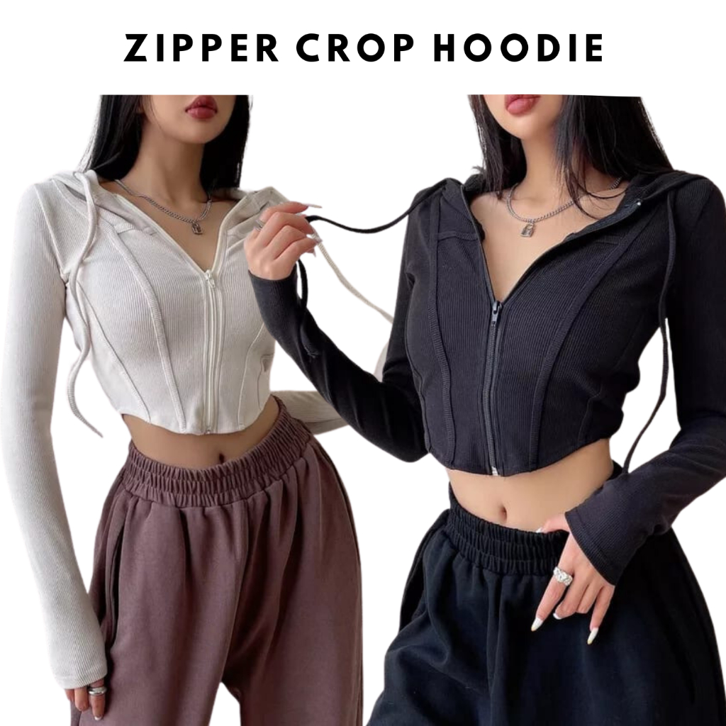 SWEATER JAKET ZIPPER RIB CROP TOP LENGAN PANJANG BAJU WANITA GAWA