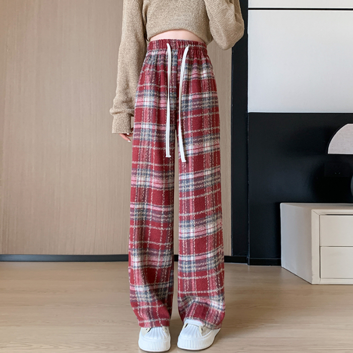 Celana Kotak-Kotak Longgar Dengan Pinggang Elastis Untuk Wanita