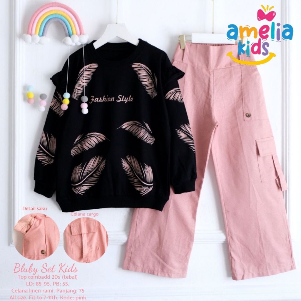 SETELAN BAJU ANAK KAOS LENGAN PANJANG DAN KULOT CARGO || BLUBY SET KIDS BY AMELIA KIDS || SETCEL KUL
