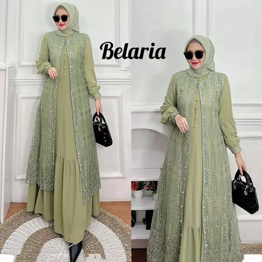 Gamis Brukat Terbaru Belaria Dress BO Size M L XL XXL Bahan Kain Ceruty Babydoll Full Puring Mix Bru