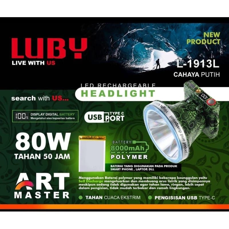 SENTER KEPALA LUBY L 1913L CAHAYA PUTIH DAN 1913K CAHAYA KUNING 80 WATT