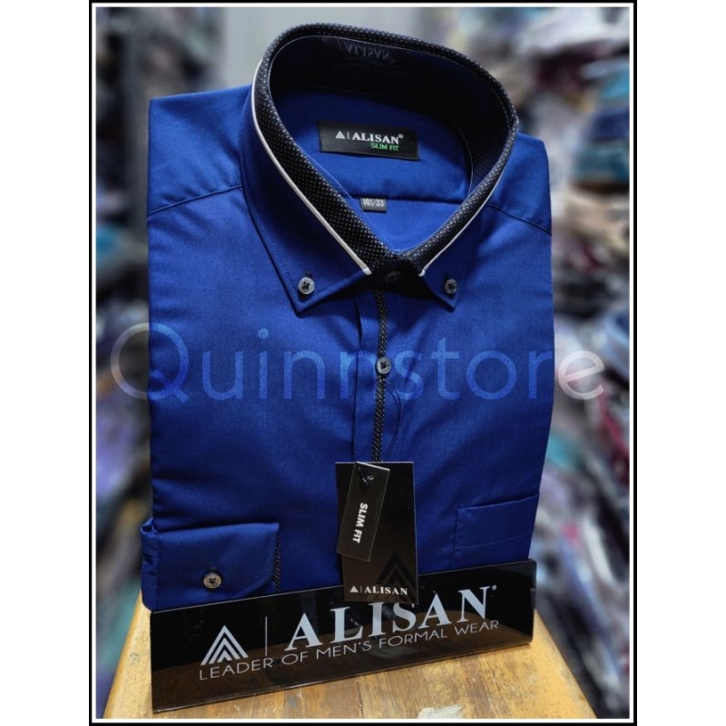 ALISAN Original Kemeja Polos Lengan Panjang-Kombinasi - SLIM FIT - Biru Tua / Navy / B-7- List Hitam