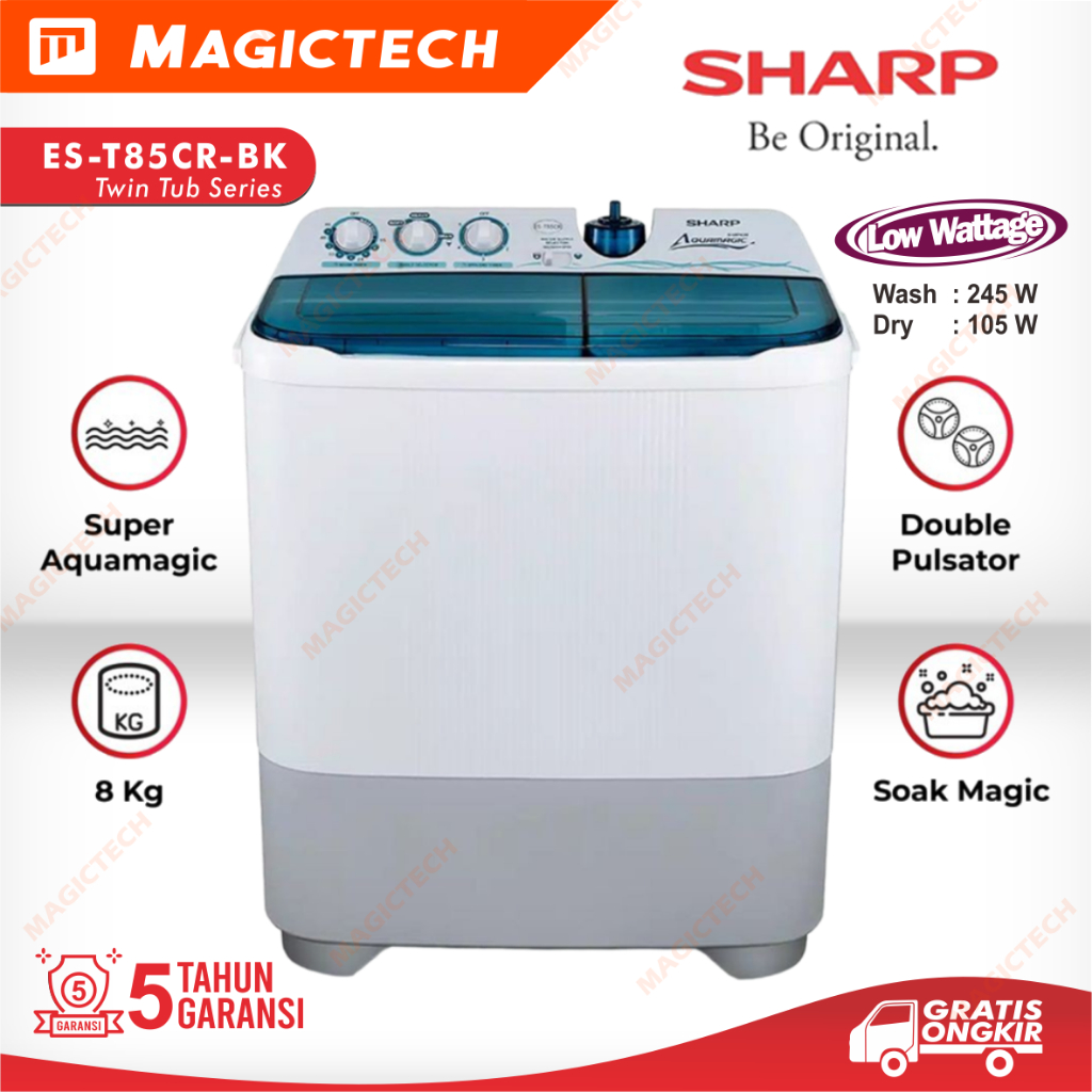 MESIN CUCI SHARP 8 KG ES-T85CR-BK AQUAMAGIC 2 TABUNG MANUAL 85CR - BIRU