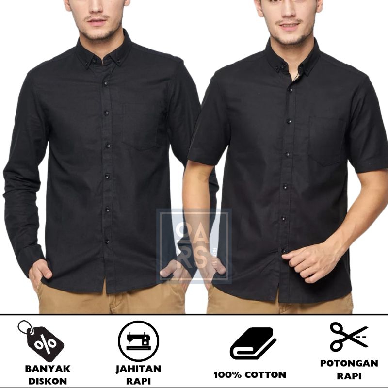 Kemeja Hitam Polos Pria Lengan Panjang dan Pendek Slimfit Bahan Katun Casual Non Formal Jumbo Hem Pe