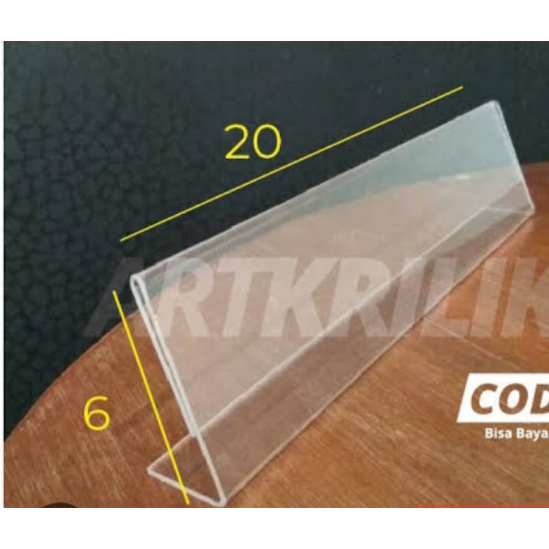

akrilik bening papan nama meja landscape model L uk 6x20cm tebal 2mm