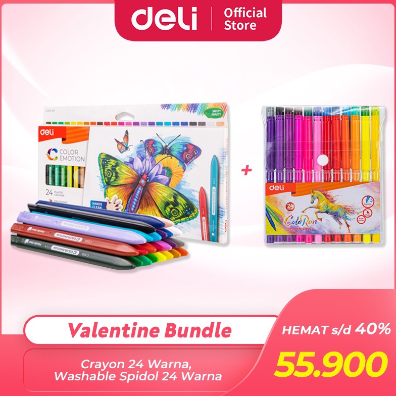 

Kekinian.. Deli Bundle Edisi Valentine / 1set Crayon 24 warna, 1set Spidol 24 Warna / VAL2022-10 58