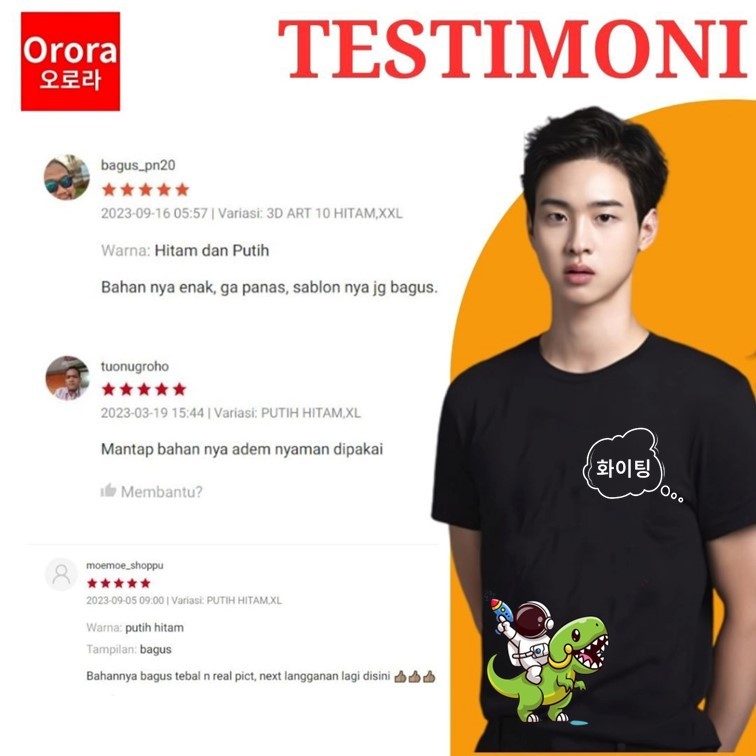 Orora Kaos Distro Premium Astronot Dino Korea Style - Baju Atasan Sablon Pria Wanita Warna Hitam Putih Ukuran S M L XL XXL XXXL Original ORA 01