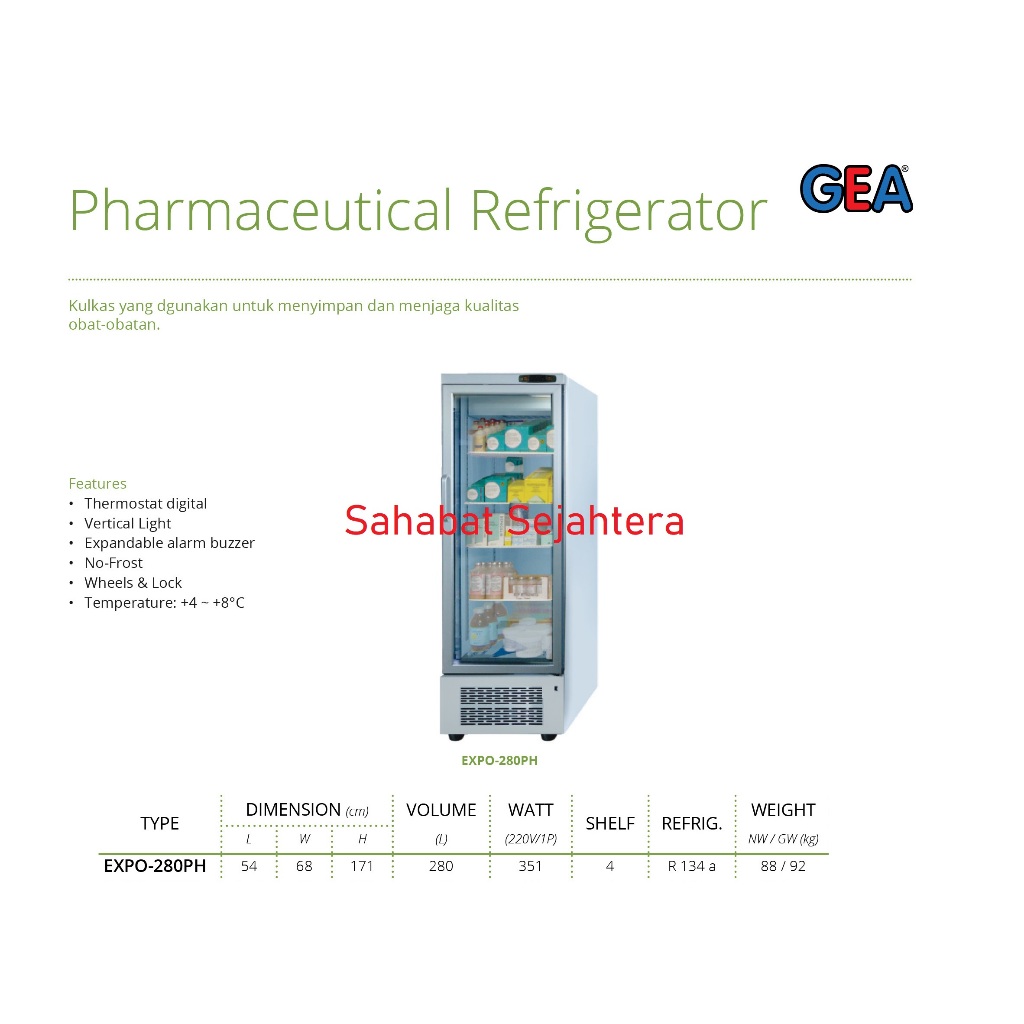 GEA Pharmaceutical Refrigerator EXPO-280PH Kulkas Untuk Penyimpanan Obat Farmasi