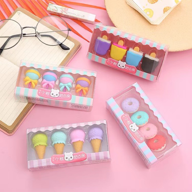 

LB 4PCS / Set Penghapus Pensi Model ICE CREAM DONAT LOLLIPOP POPSICLE / PENGHAPUS LUCU SET BT
