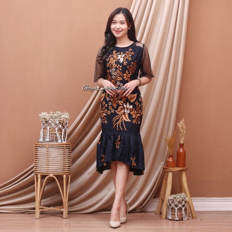 [ART. B25D] dress pesta kalina rempel - dress batik pesta - dress pesta terbaru - dress batik modern
