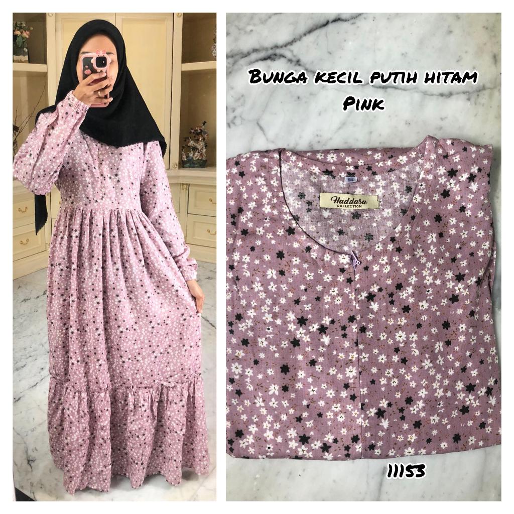 GAMIS RAYON MOTIF BUNGA KECIL PUTIH HITAM (PINK)