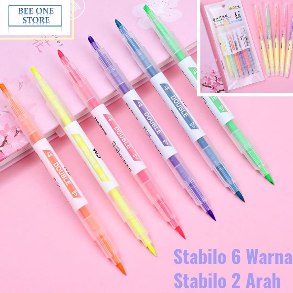 

Bayar Di Tempat BEE ONE - 6pcs Stabilo Warna warni Stabilo 2 Arah 6 Warna & 12 Warna ➔➝✺❇