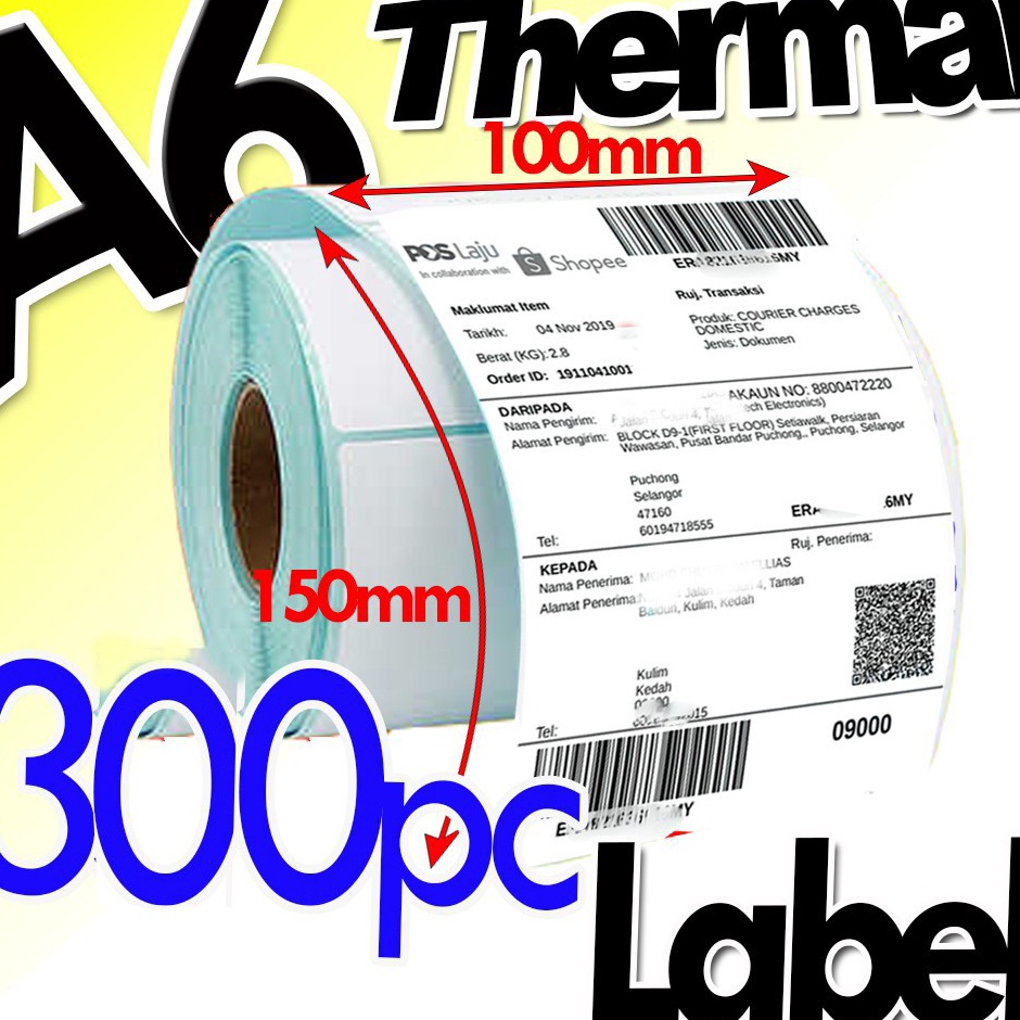 

Produk LABEL STICKER THERMAL BARCODE 100x150mm (10x15cm 300Pcs Core 1") MURAH A6, 4" x 6" ↑❂❉