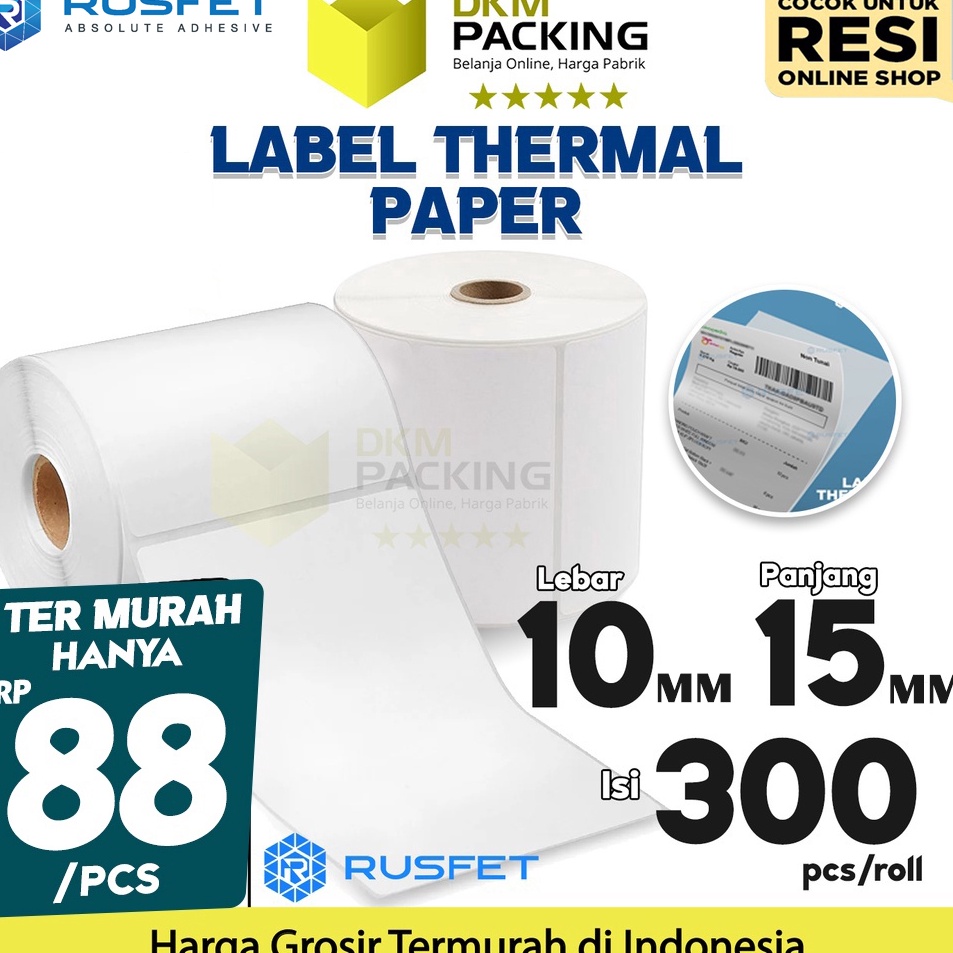 

Terlaku. Stiker Label Thermal Paper A6 10x15mm 100x150cm isi 300Pcs POS Sticker Barcode Resi RUSFET Kirim Sekarang