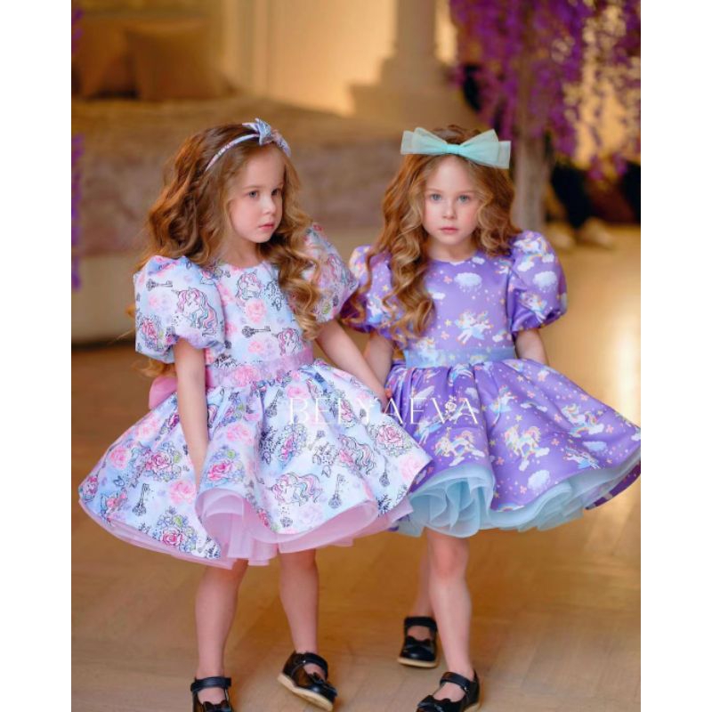 Gaun mewah unicorn lilac-bunga| dress anak import premium