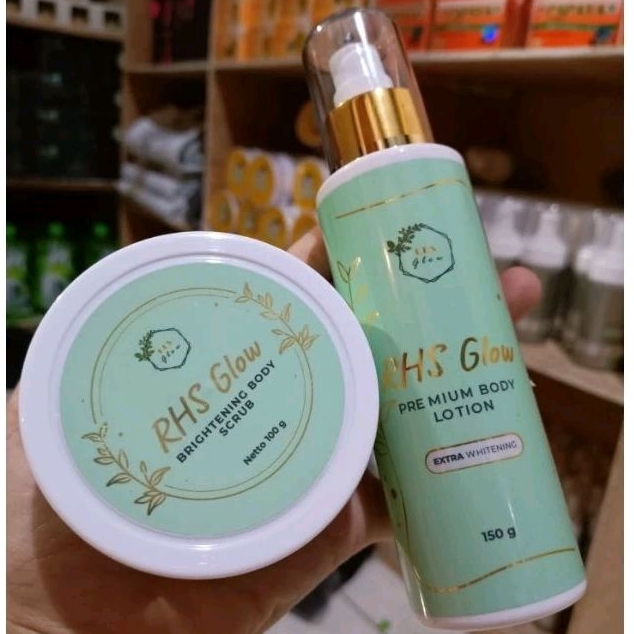RHS GLOW PREMIUM BODY LOTION DAN BRIGHTENING BODY SCRUB PUTIH DALAM 7 HARI BPOM