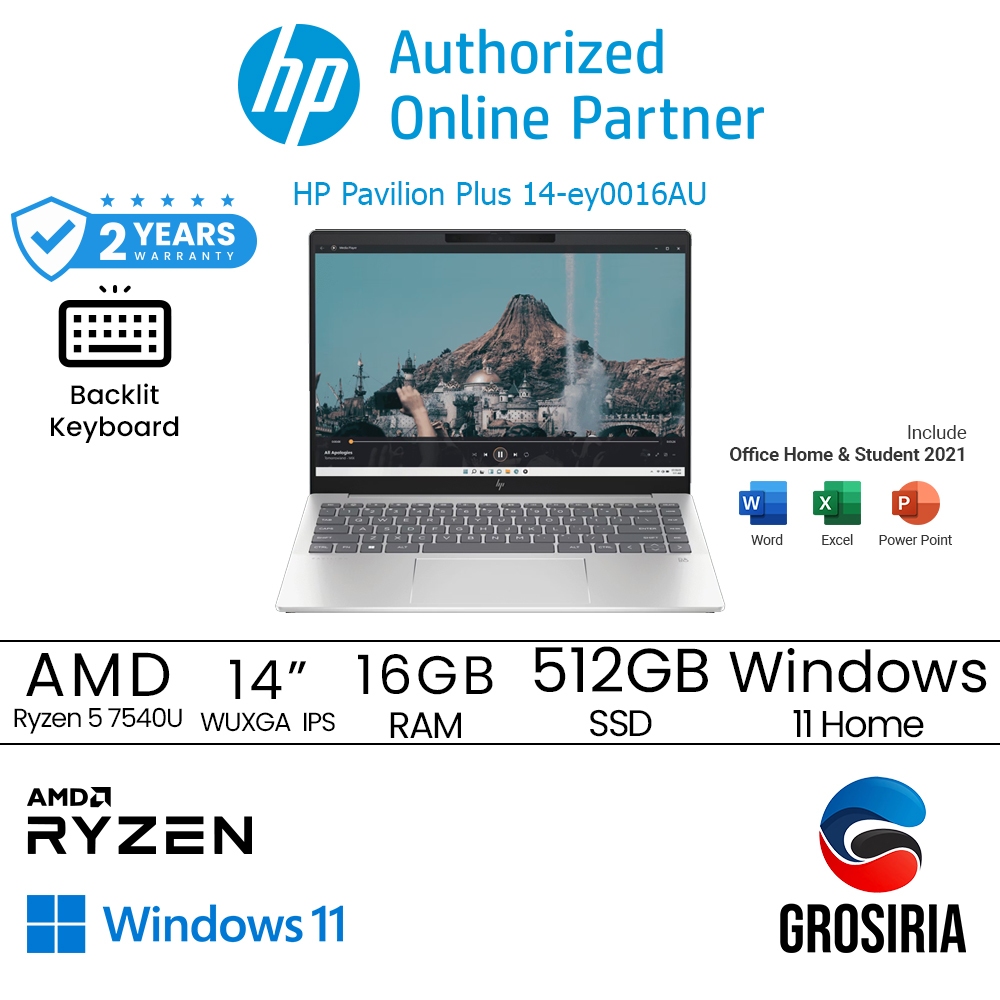 HP Laptop Pavilion Plus 14 EY0016AU AMD Ryzen 5 7540U 16GB 512GB SSD Radeon 14&quot; FHD IPS Windows 11 OHS 2021 [8R295PA]