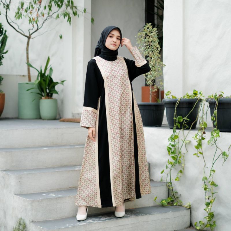 Arra Style - Emilia Dress | Abaya Batik Kombinasi Jetblack  | Gamis Semi sutra Viscose | Dress Semi 