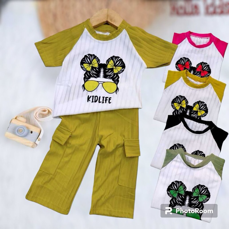 	 ONE SET KIDLIFE Cargo Anak perempuan bahan knit motif kartu lucu, usia 1 samapi 9 tahun promo 12.12// 12.12 sale	