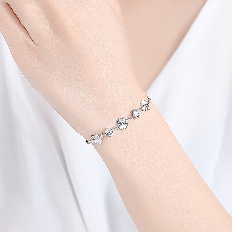 Ere Jewelry Gelang Wanita Perak S925 Sterling Lucky Four Leaf Diamond Ungu Silver