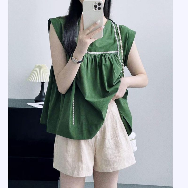 2220 Baju atasan blouse premium CERRA BABYDOLL TOP lengan pendek hijau biru putih polos Korea Korean