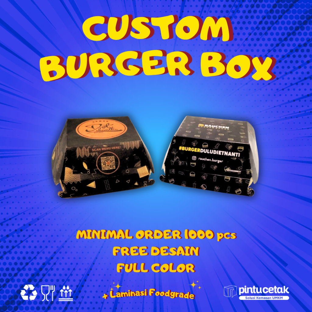 CUSTOM DESIGN BURGER BOX Makanan Paper Kraft, MIN ORDER 1000 PCS, DESIGN FULL COLOR WARNA TERMURAH. 