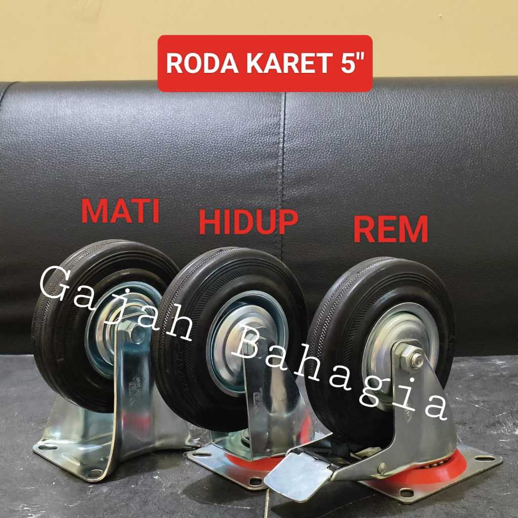 Roda troli 5 inch karet hitam Mati Hidup Rem Caster Kastor 5" Trolley
