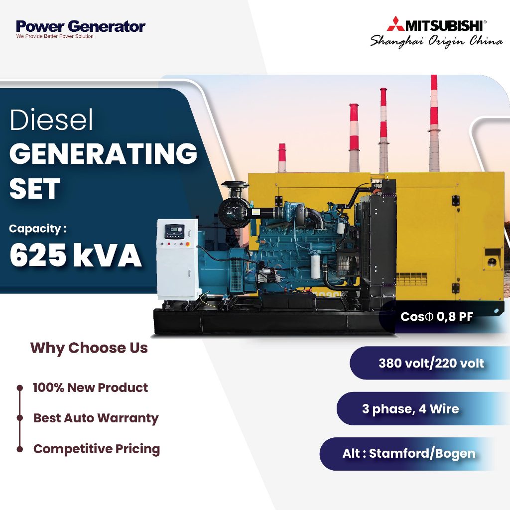 Genset 625 kVA Mitsubishi China - Open & Silent - Genset Power Indo - Listrik Diesel Genset Murah