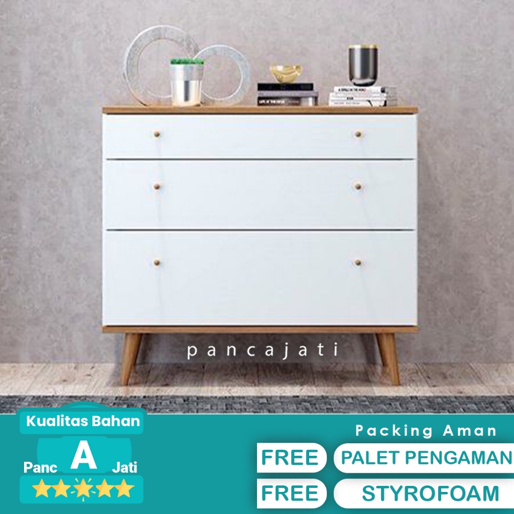 Drawer Pakaian Nakas Minimalis Warn Serat dan Putih Knop Kayu