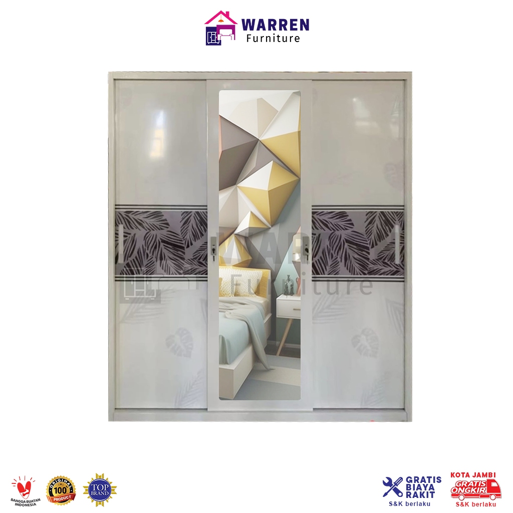 Lemari Pakaian Besi / Lemari Baju Besi 3 Pintu Sliding Pintu Geser