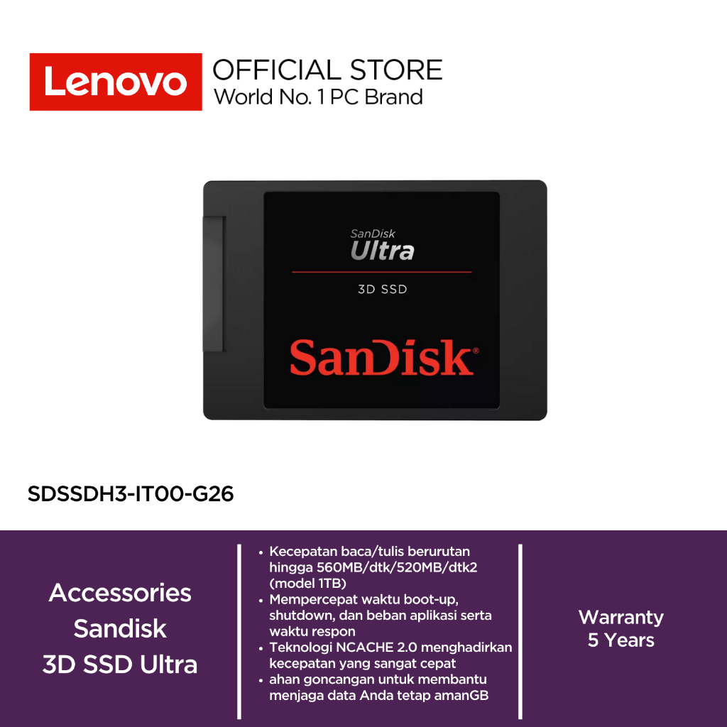 SanDisk Storage SSD 3D NAND Ultra 1TB SATA 2.5" Internal SDSSDH3-IT00-G26 Tahan goncangan Original G