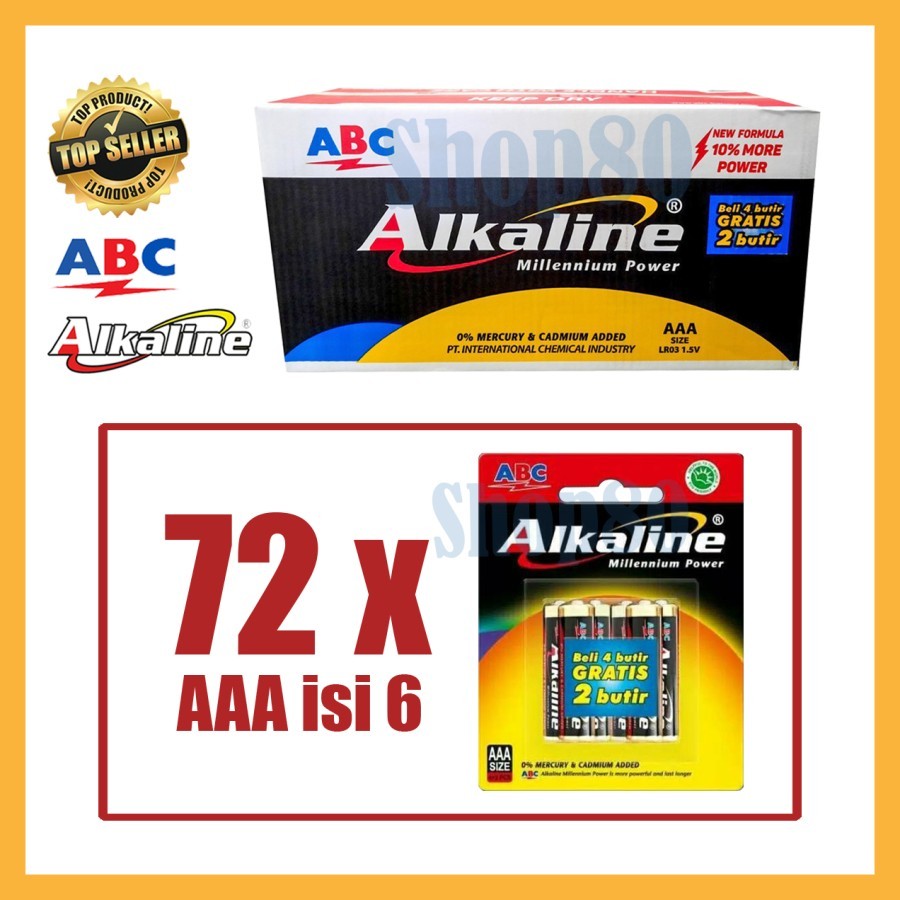 ABC Alkaline AAA isi 4+2 = 6 Baterai Battery A3 Grosir 1 Karton Dus