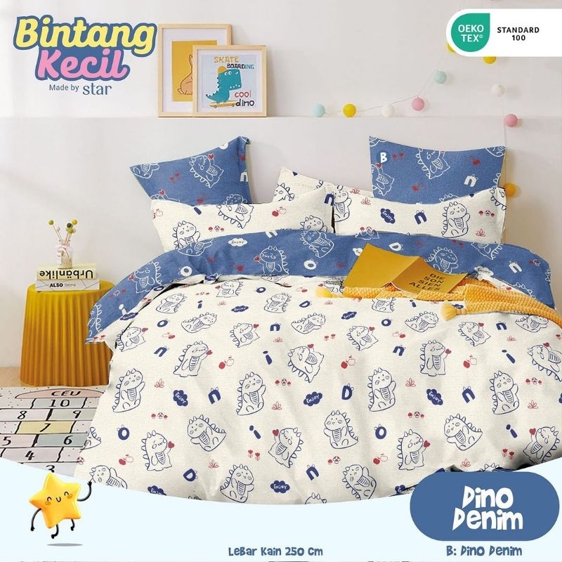 Katun Lokal Original Grade 1 kain Sprei meteran bahan Star Deluxe motif Dino Denim Putih