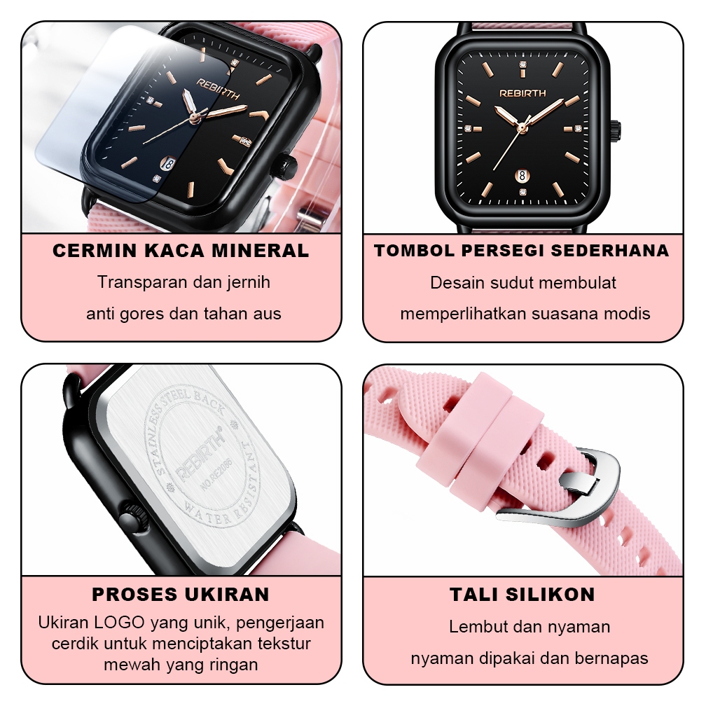 REBIRTH Jam Tangan Wanita Korea Anti Air Kuarsa Kasual Elegan Tali Silikon Jam Tangan Cewek Original-7