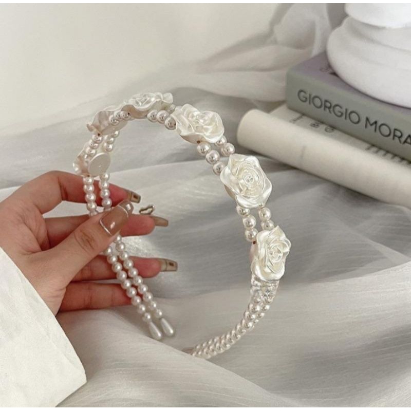 Bando Mutiara Bunga putih Rose Flower Aksesoris Fashion Wanita