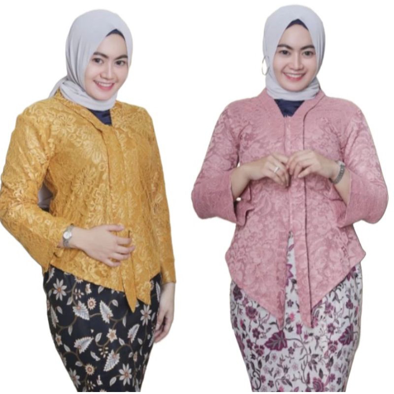 Kebaya Modern Jumbo 4L Floy Kartini Atasan Kebaya Kutubaru Encim Model Hijab Lengan 7/8 Mix Rok Batik Untuk Kondangan