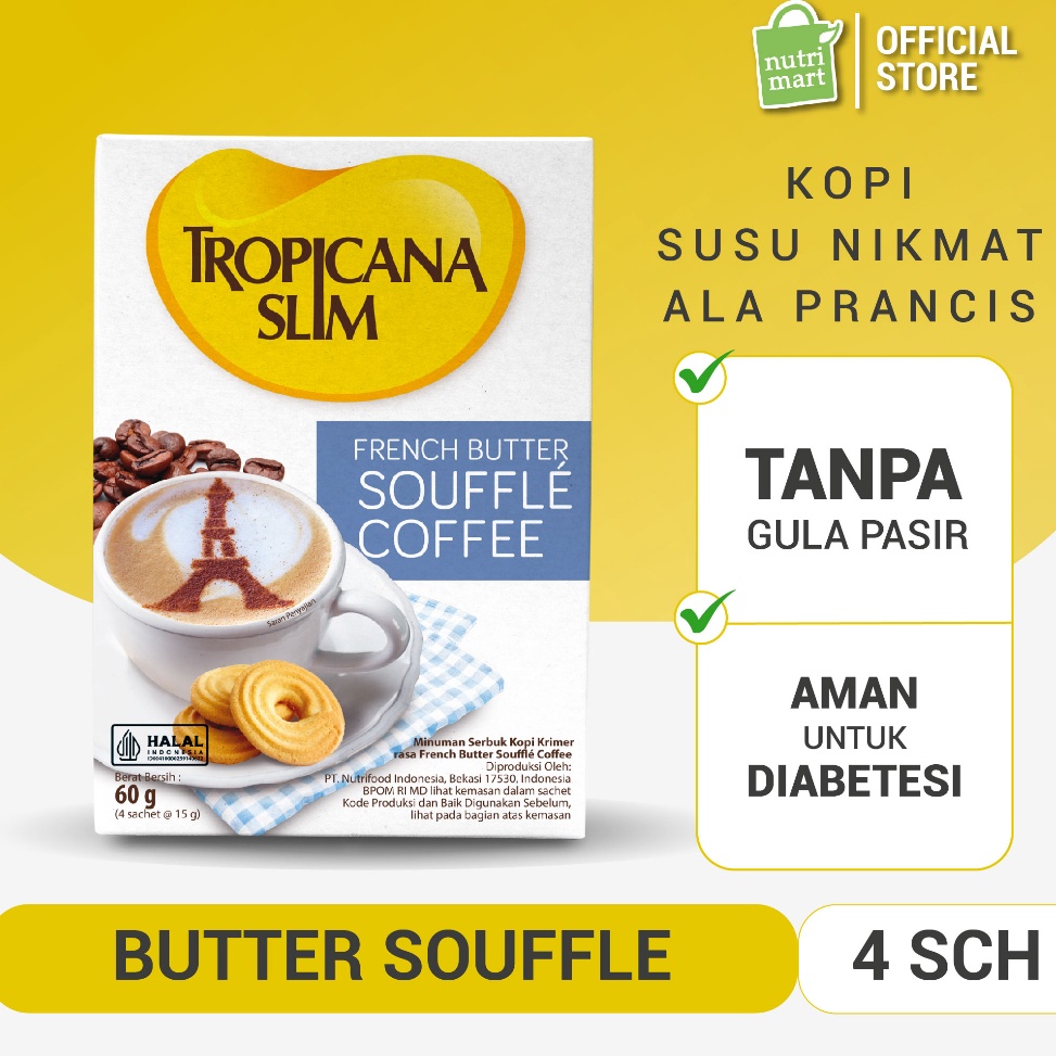 

[✒G90<] Tropicana Slim French Butter Souffle Coffee 4 Sachet - Kopi Susu ala Perancis Nikmat Tanpa Gula Pasir Moodbooster