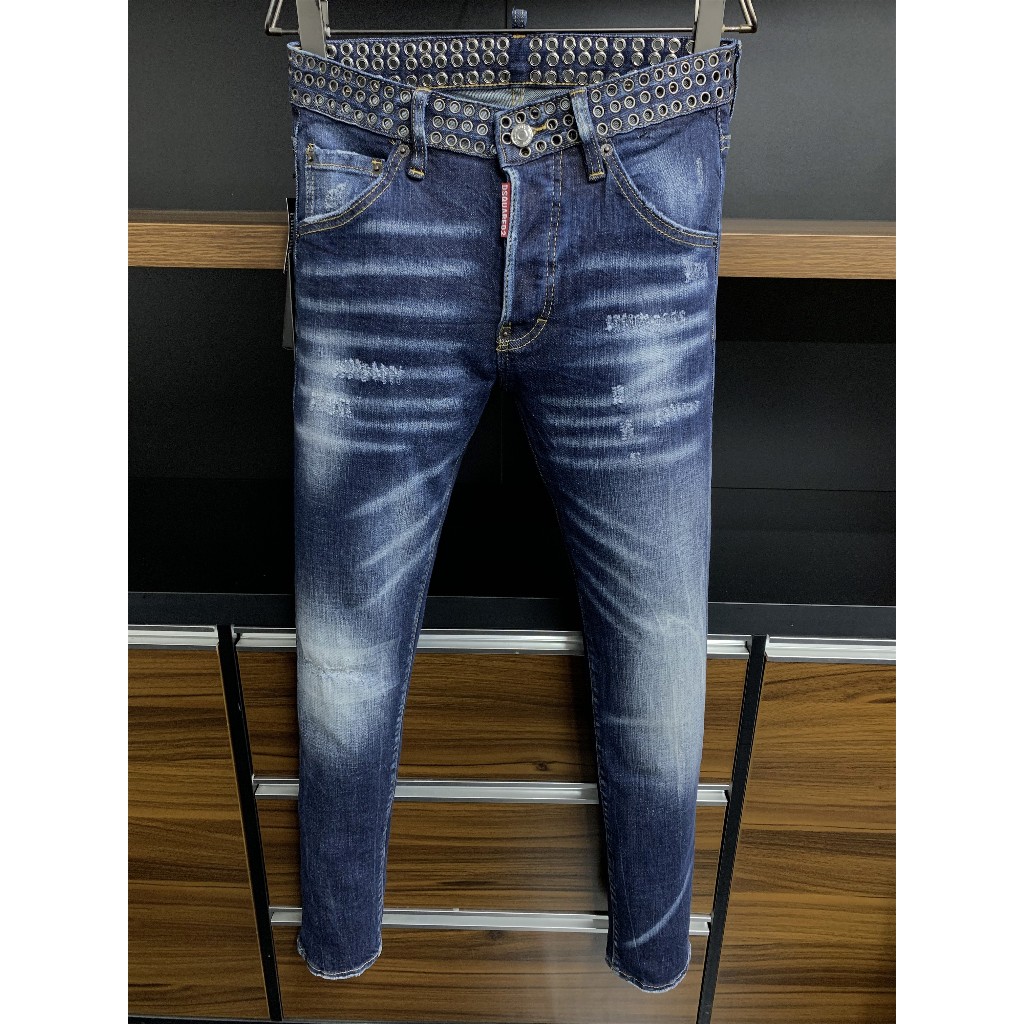 Celana Jeans Kasual Pria DSQUARED2 Celana Denim Kasual Nyaman Cocok untuk Semua Warna Lurus Biru Cel