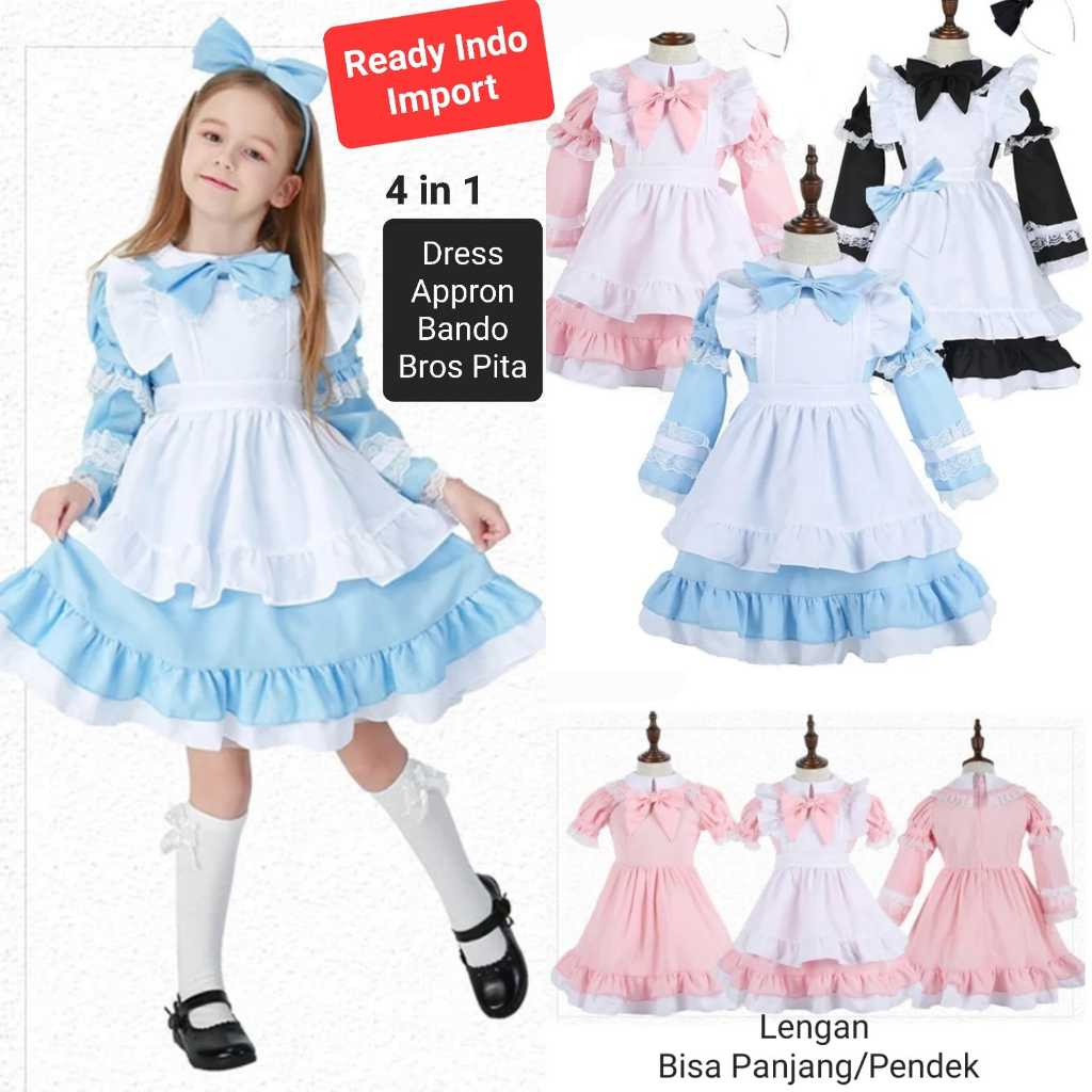 Kostum Alice in wonderland anak pelayan maid biru pink hitam import lengan panjang pendek lolita dre