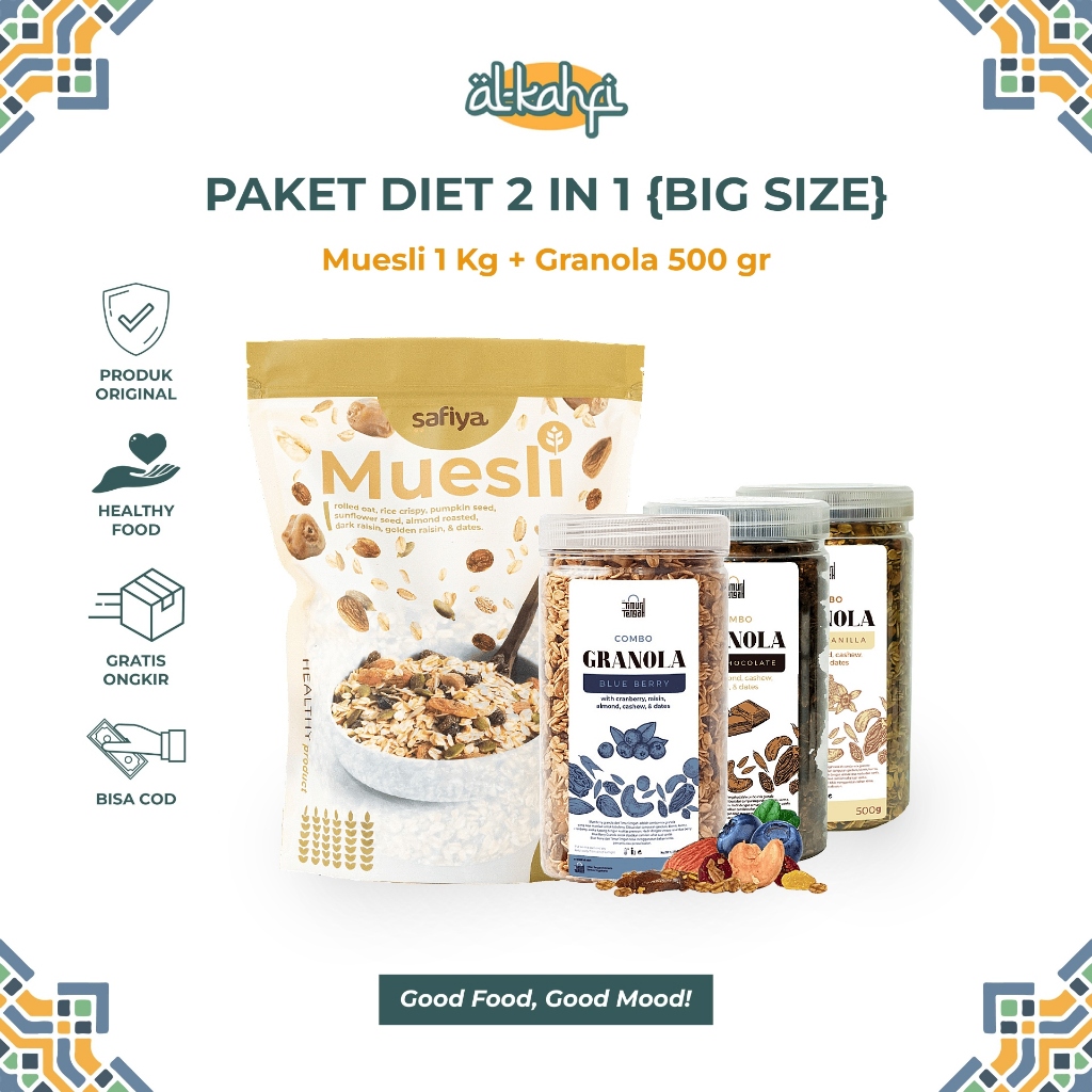 

[DIET 2 In 1 BIG SIZE] Muesli Safiya 1 Kg + Granola 500 gr Timur Tengah | Oatmeal Sereal Sarapan Sehat