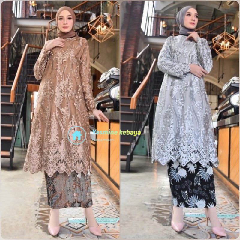 Setelan Baju Kebaya Tunik Brokat Tille Modern Set Rok Plisket Batik / Setelan Kebaya Tunik Modern Ko